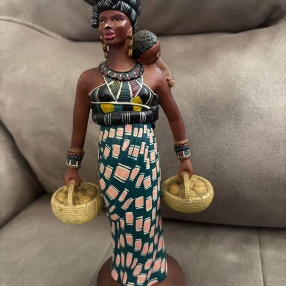 African Mother & Child Figurine with Baskets – Colorful Tribal Style Decor